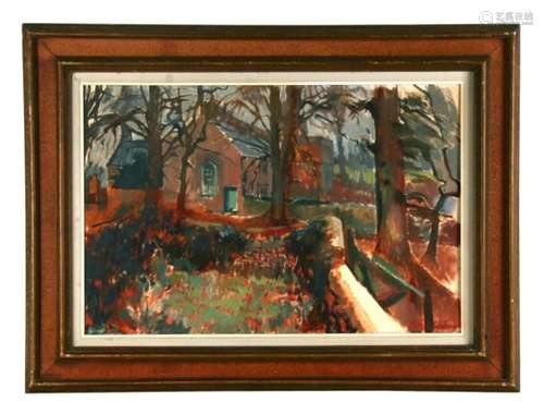 Patrick Larking (1907-1981) - Red House and Trees - signed lower right, oil on board, framed, 75