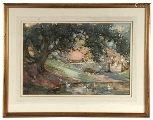 Attributed to Alfred John Billinghurst (1880-1963) - Pond with Ducks - watercolour, framed & glazed,