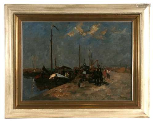 Bernadus Cornelius Nultee (Dutch 1903-1967) - Harbour Scene with Figures Unloading a Boat - signed