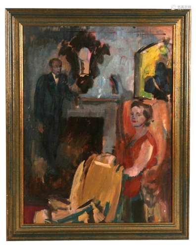 Attributed to Patrick Larking (1907-1981) - Couple Wearing Evening Dress in the Drawing Room - oil