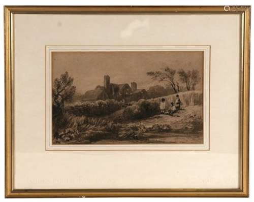 David Cox (1783-1859) - Children Playing at the Edge of a Cornfield - sepia watercolour, framed &