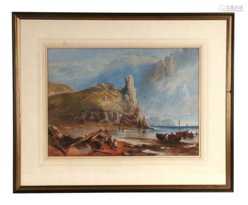 E Humphrys (Victorian school) - Cliff Bay - children and fishermen on a beach, signed and dated 1867