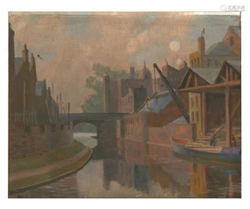 20thC school - town river scene, initialled 'AH' lower left corner, oil on canvas, framed. 44 by