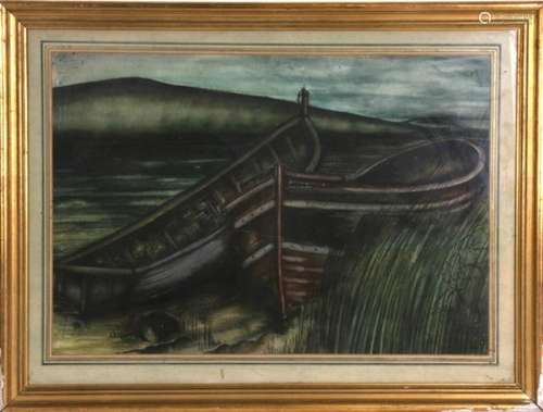 20th century school, rowing boats at low tide, watercolour, framed and glazed. 56 by 38cm (22 by