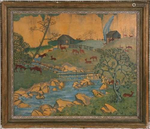 Kenneth Holmes (1906-1994) - Deer on a Farm in Summer, circa 1930s, signed lower left corner, oil on