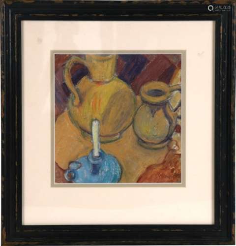 20th century school - still life, jugs and a chamber stick, indistinctly signed and dated 95 lower