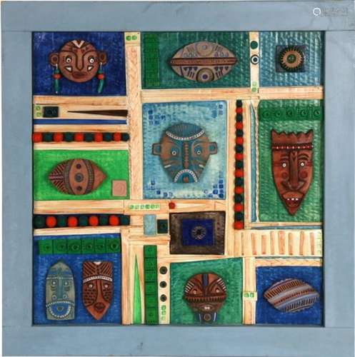 20th century mixed media - tribal masks, framed. 46 by 46cm ( 18 by 18ins)