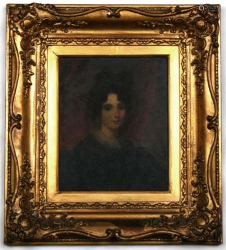 A late Regency oil on panel portrait a young lady, framed, 18 by 21cms (7 by 8.25ins).