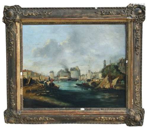 19th century French school - Quayside Scene - oil on canvas, framed, 45 by 37cms (17.75 by 14.