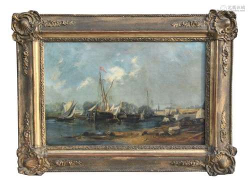 19th century French school - Port Scene with Boats & Figures - oil on canvas, framed, 44 by 29cms (