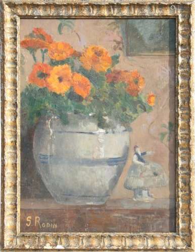 S Rodin, continental school - Still Life of Flowers in a Vase with Porcelain Figure - signed lower