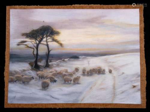 Joseph Farquharson (Scottish 1846-1935) - Sheep in a Snowy Landscape - initialled lower left, pastel