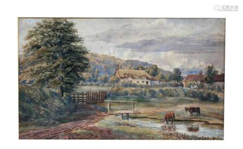 Late 19th / early 20th century school - Cattle Drinking at a River - watercolour, framed, 40 by