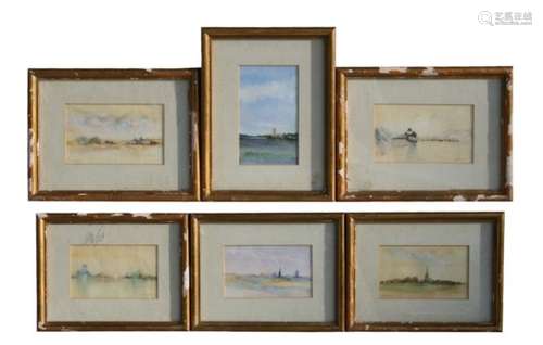 Carol Gooch - a set of six miniature fantasy landscape paintings, all signed, watercolours, framed &