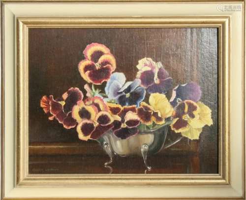 Owen Lunnon - Still Life of Pansies in a Jug - oil on board, framed, signed lower left, 29 by