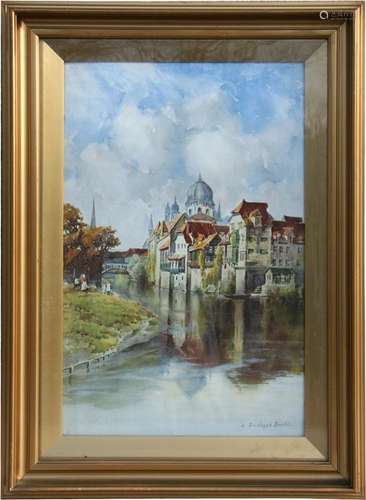 L Burleigh Bruhl (1861-1942) - Continental Town River Scene - signed lower right, watercolour,