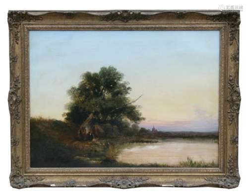 19th century Norwich School - Gypsy Encampment Beside a River - oil on canvas, framed, 74 by 54cm (