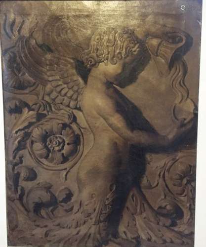 A 19th century tromp l'oeil oil painting on canvas of a Roman cherub with ewer bas relief