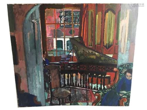 A Camden school oil painting on canvas interior scene of a pianist