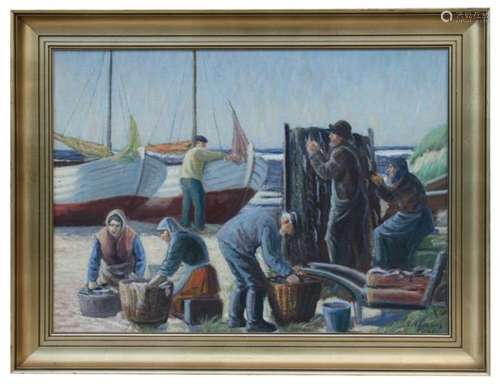 20th century Scandinavian school - Fishermen and Women Working on the Nets - indistinctly signed