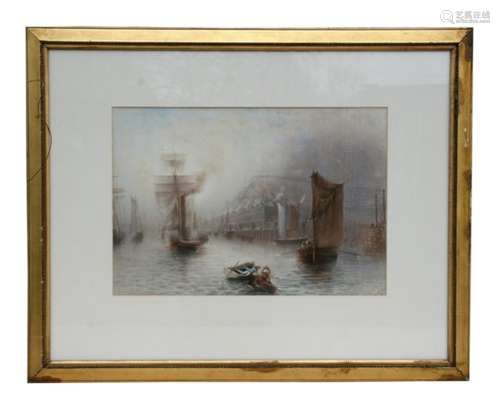 Victorian school - Figures in Boats in a Harbour - indistinctly signed lower right and dated 1879,