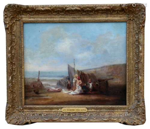 William Shayer (1788-1879) - Beach scene with fishwives - oil on canvas, framed. 31 by 25cm ( 12.