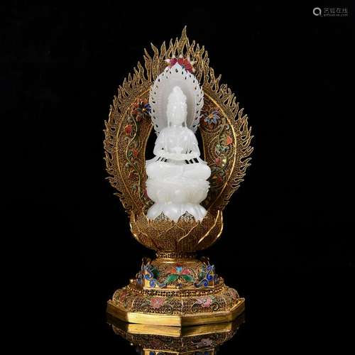 A White Jade Guanyin with Silver Gilt Stand