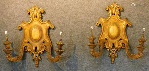 PR European Carved Gilt Wood Cartouche Sconces