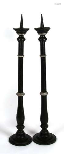 A pair of Gothic style painted wooden candlesticks. 98cm (38.5 ins) high