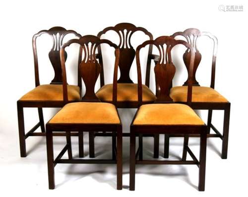 Five Georgian style dining chairs with drop-in upholstered seats, on square tapering legs (four