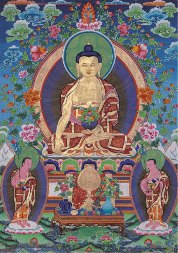 西藏药师佛种子咒描金矿物唐卡