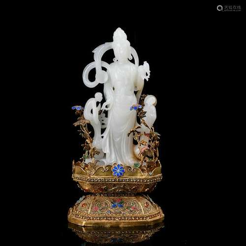 A White Jade Carvings with Silver Gilt Stand