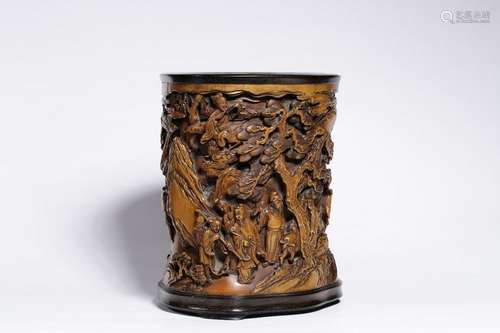 A Carved Wooden Brush-pot