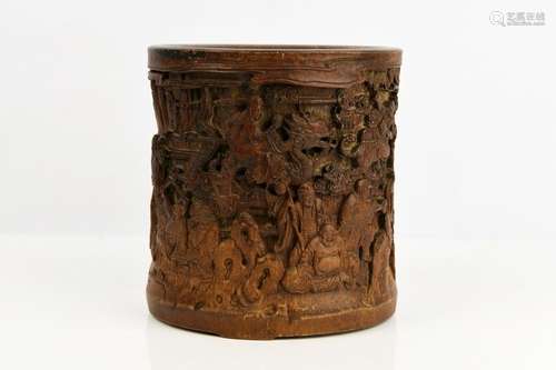 A Carved 18-Arhats Bamboo Brush-pot