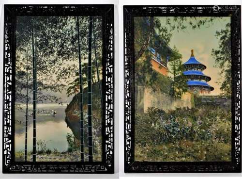 Pair 20C Japanese Landscape Enhanced Photographs