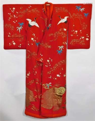 Edo Period Embroidered Cranes Uchikake Kimono