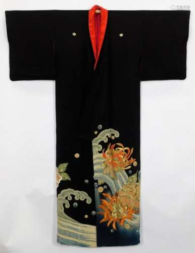 Japanese Meiji Period Floral Waves Tomesode Kimono