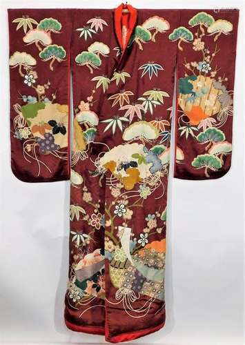 Meiji Period Maroon Painted Fans Uchikake Kimono