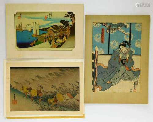 3 Japanese Outdoor and People Woodblock Prints