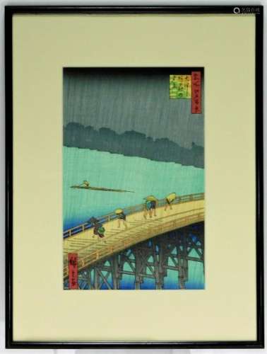 Utagawa Hiroshige Rain Bridge Woodblock Print
