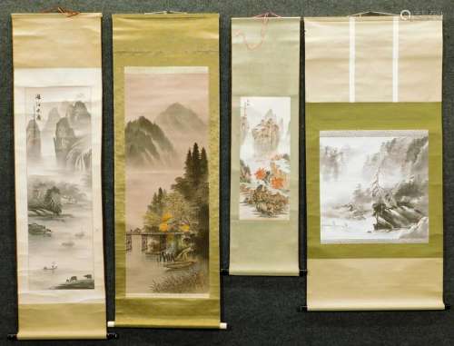 4 Chinese Japanese Landscape Hanging Wall Scrolls