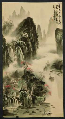 Japanese Mountain Landscape Hanging Wall Scroll