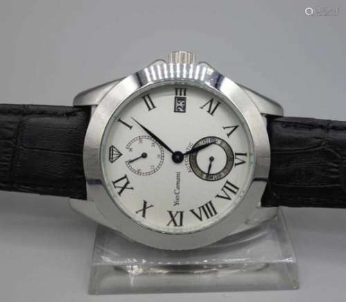 ARMBANDUHR - YVES CAMANI / wristwatch, Automatik-Uhr. Rundes Edelstahlgehäuse an Lederarmband; mit