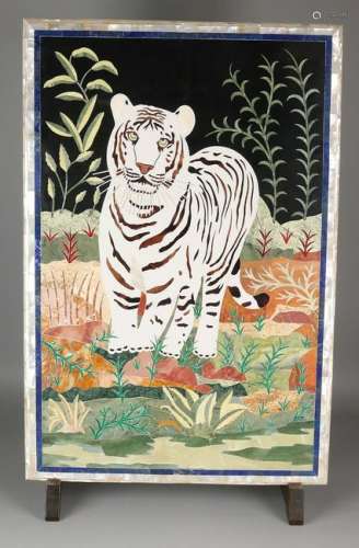 Large marble panel with pietra dura technique. Tiger in