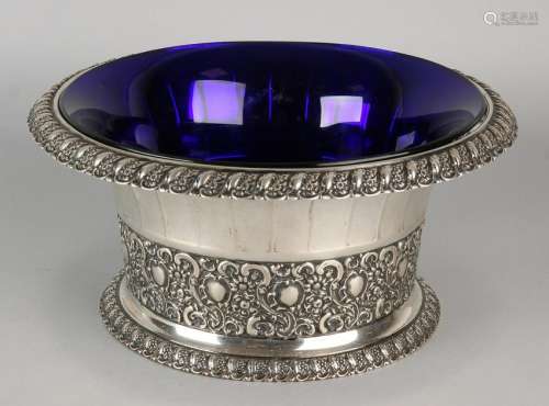 Large silver tray, 800/000, with blue glass liner.