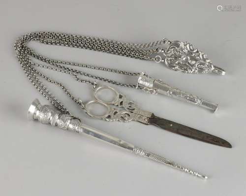 Silver chatelaine with rokhaak, scissors, needle case