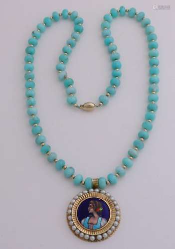 Collier amazonite and a yellow gold pendant limoge,