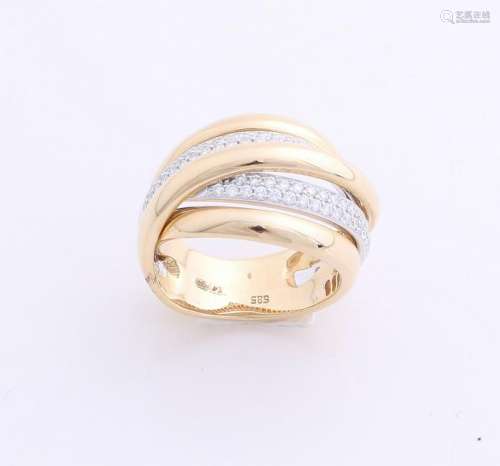 Broad yellow gold ring, 585/000, with diamond. Twisted