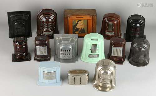 Lot antique piggy banks. Enamelled with wooden money