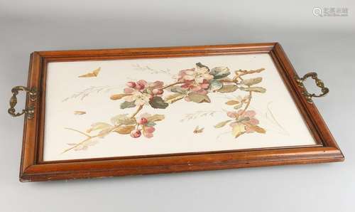 Antique German ceramic tray with walnut frame. Blossom